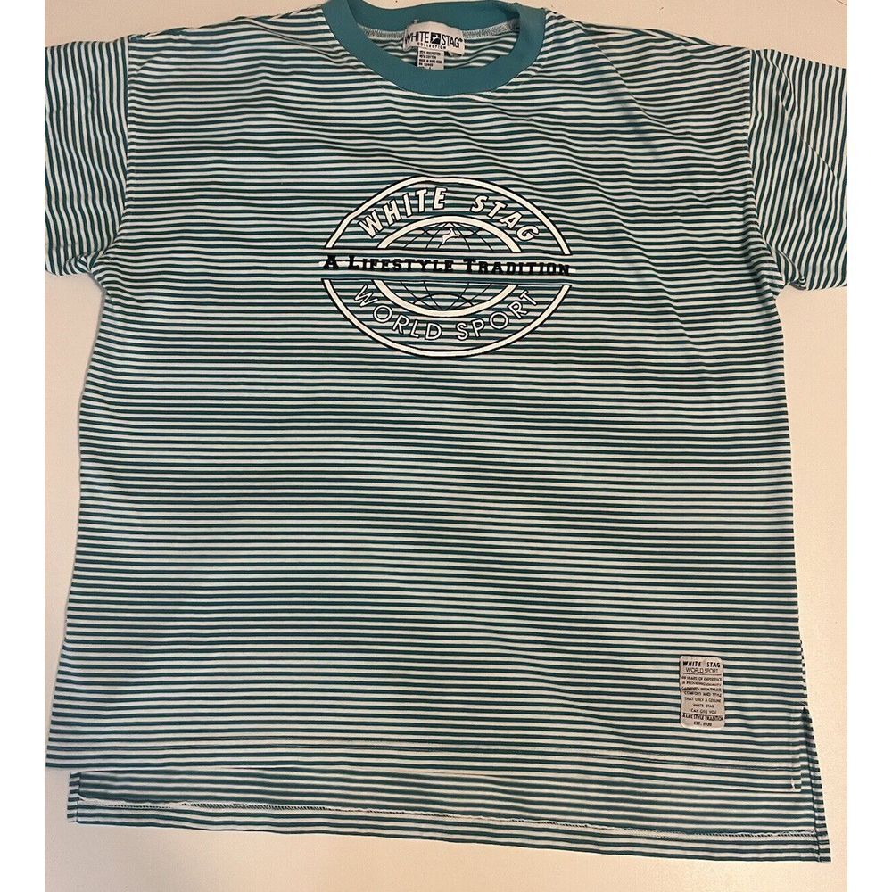 White Stag Striped T-Shirt‎ World Sport Graphic Tee Casual Top Large
